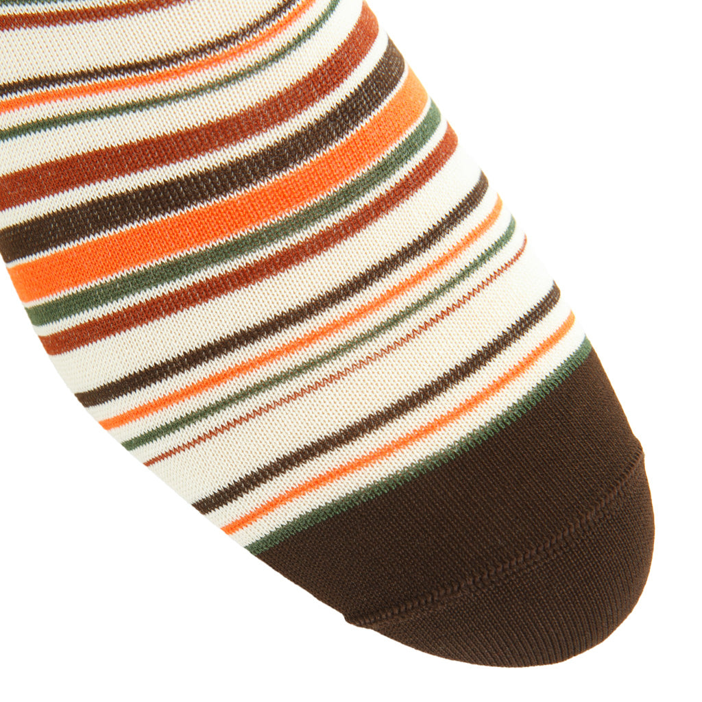 Coffee Brown, Cream, Orange, Forest Green, Whiskey Varigated Stripe Cotton Mid-Calf Sock