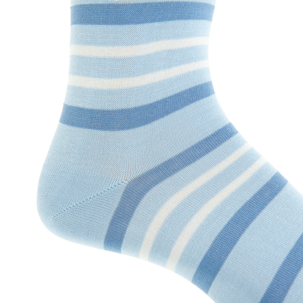 Sky Blue with Azure &amp; Cream Double Stripe Cotton Over-the-Calf Sock