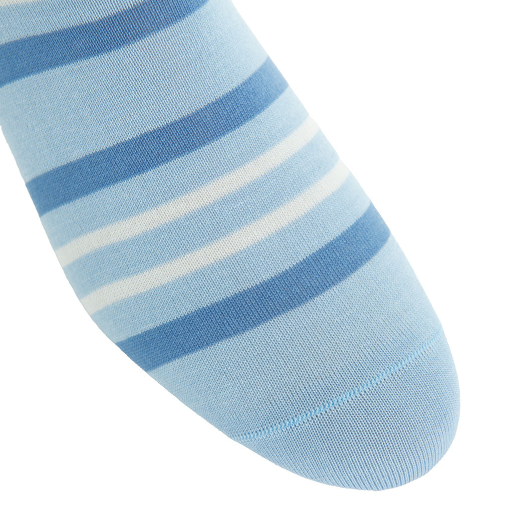 Sky Blue with Azure &amp; Cream Double Stripe Cotton Over-the-Calf Sock