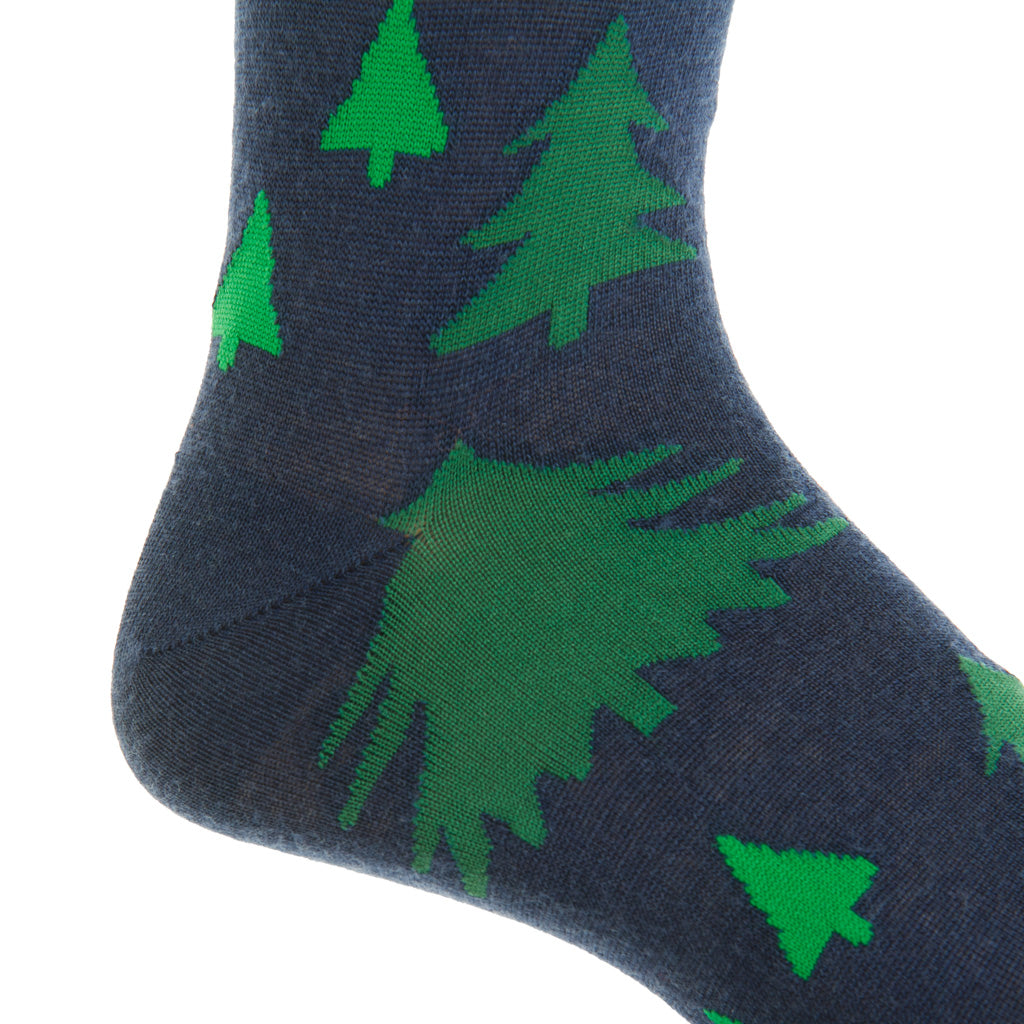 Dress Navy with Tonal Christmas Trees Fine Merino Wool Over-the-Calf Sock
