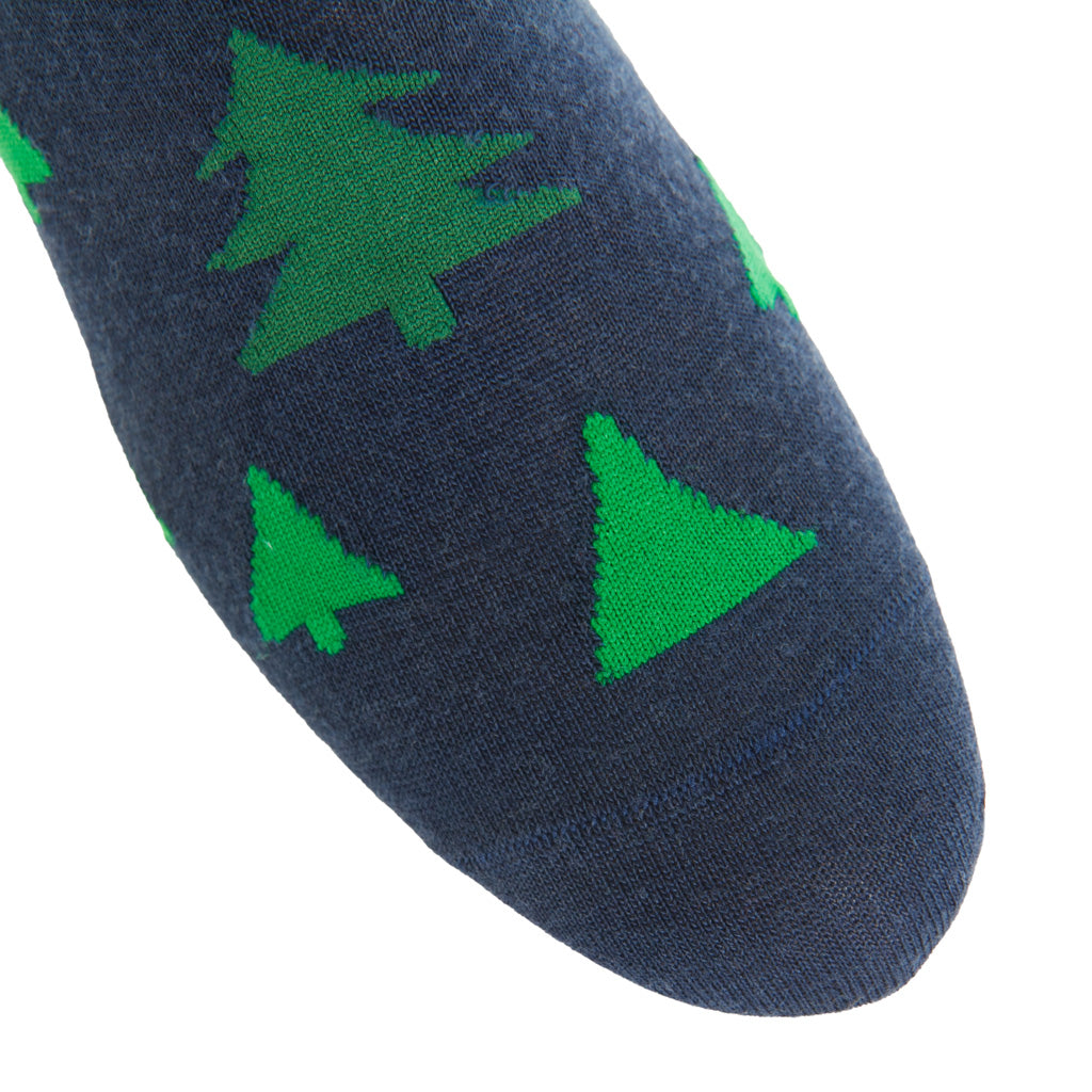 Dress Navy with Tonal Christmas Trees Fine Merino Wool Over-the-Calf Sock