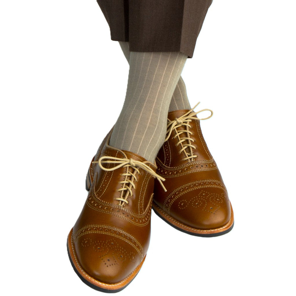 Mens ribbed taupe socks with merino wool slack length