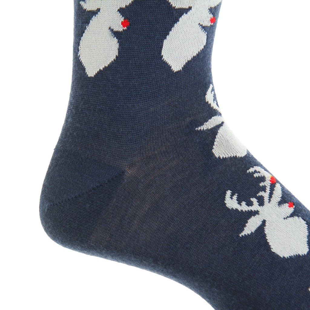 Dress Navy with Ash Holiday Antlers Fine Merino Wool Mid-Calf Sock