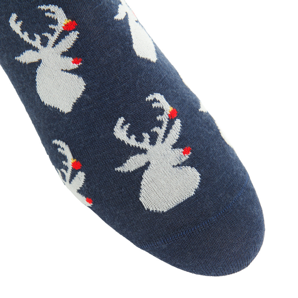 Dress Navy with Ash Holiday Antlers Fine Merino Wool Over-the-Calf Sock