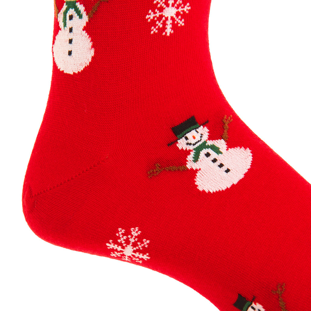 Red with Snowman and Snowflakes Fine Merino Wool Mid-Calf Sock
