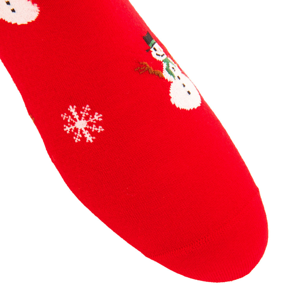 Red with Snowman and Snowflakes Fine Merino Wool Mid-Calf Sock