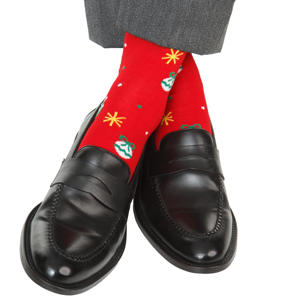 Red with Stars &amp; Ornaments Cotton Over-the-Calf Sock