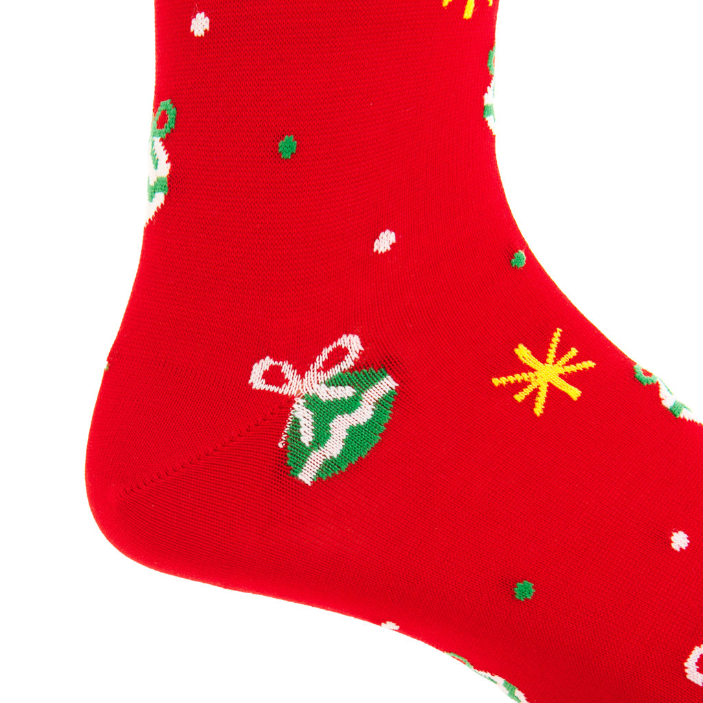 Red with Stars &amp; Ornaments Cotton Over-the-Calf Sock