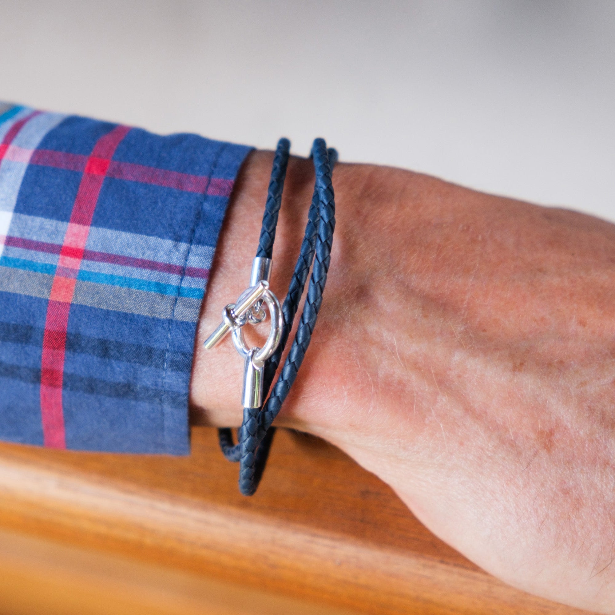 Triple Wrap Denim Blue Braided Leather with Sterling Silver T-Ring Clasp Bracelet