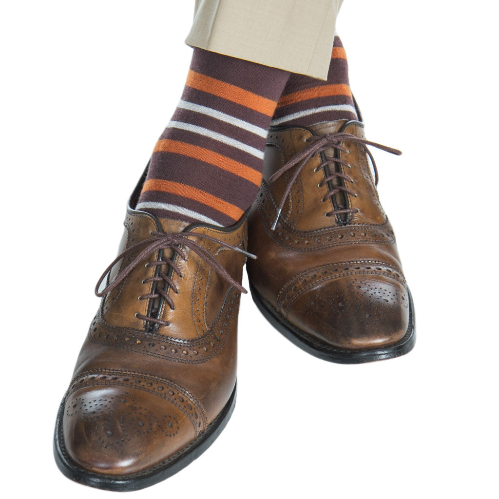 Coffee Brown with Cream and Burnt Orange Double Stripe Fine Merino Wool Sock Linked Toe Mid-Calf Coffee Brown with Cream and Burnt Orange Double Stripe Fine Merino Wool Sock Linked Toe Mid-Calf