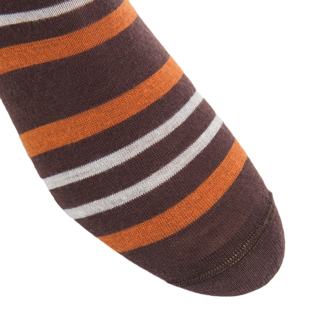 Coffee Brown with Cream and Burnt Orange Double Stripe Fine Merino Wool Over-the-Calf Sock