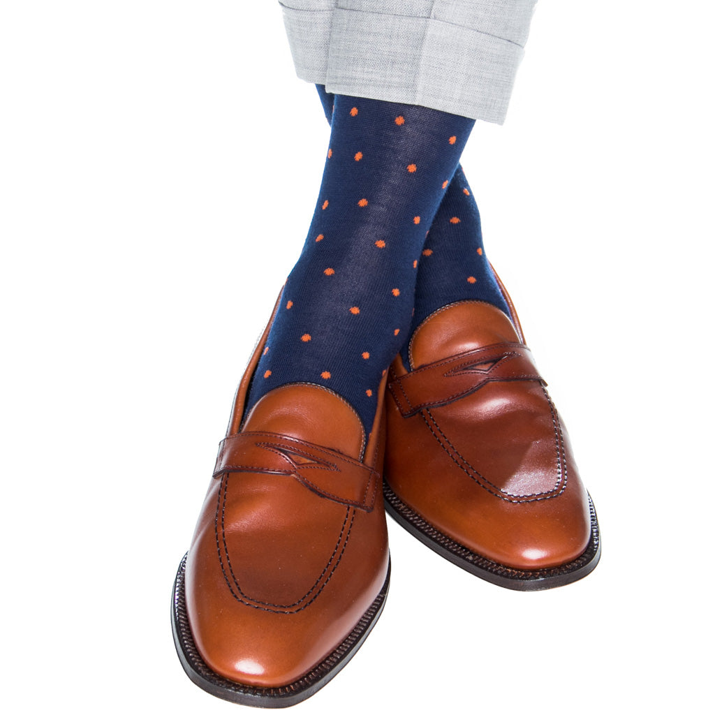 Dress Navy with Burnt Orange Dot Fine Merino Wool Sock Linked Toe Mid-Calf Dress Navy with Burnt Orange Dot Fine Merino Wool Sock Linked Toe Mid-Calf
