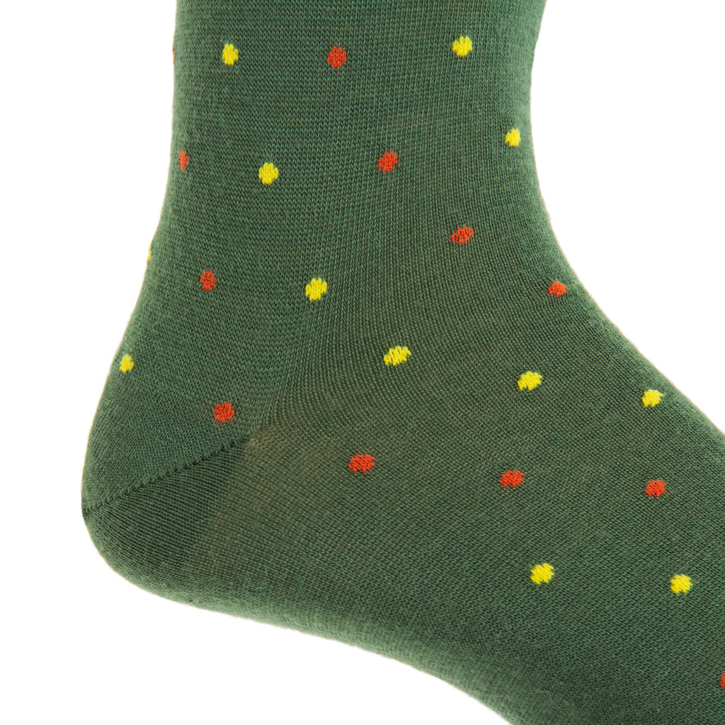 Pine Green with Saffron and Burnt Orange Dot Fine Merino Wool Over-the-Calf Sock