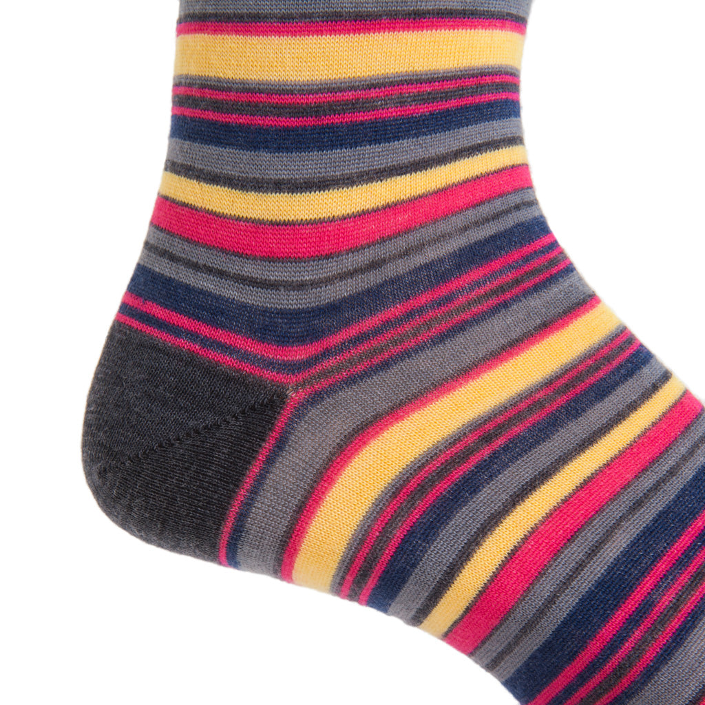 Charcoal, Magenta, Saffron, Cream, and Gray Variegated Stripe Fine Merino Wool Mid-Calf Sock