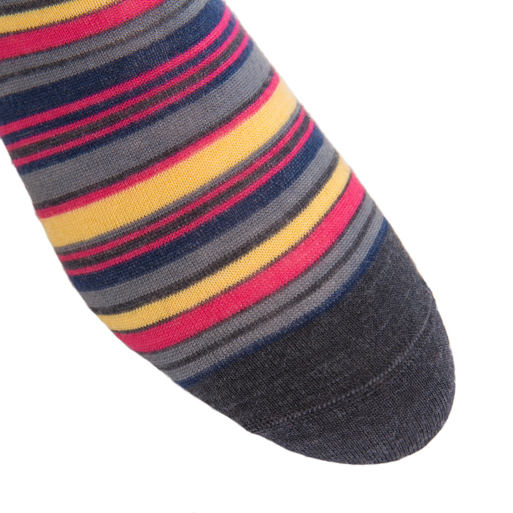 Charcoal, Magenta, Saffron, Cream, and Gray Variegated Stripe Fine Merino Wool Mid-Calf Sock