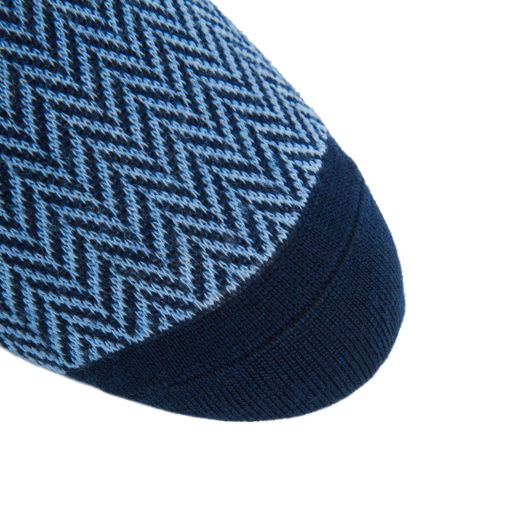 Dress Navy and Sky Blue Herringbone Fine Merino Wool Over-the-Calf Sock