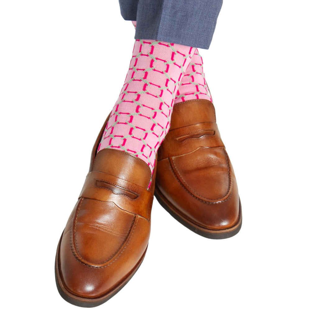 mens pink dress socks Pink with Rose and Grass Green Circles Cotton Mid-Calf Sock