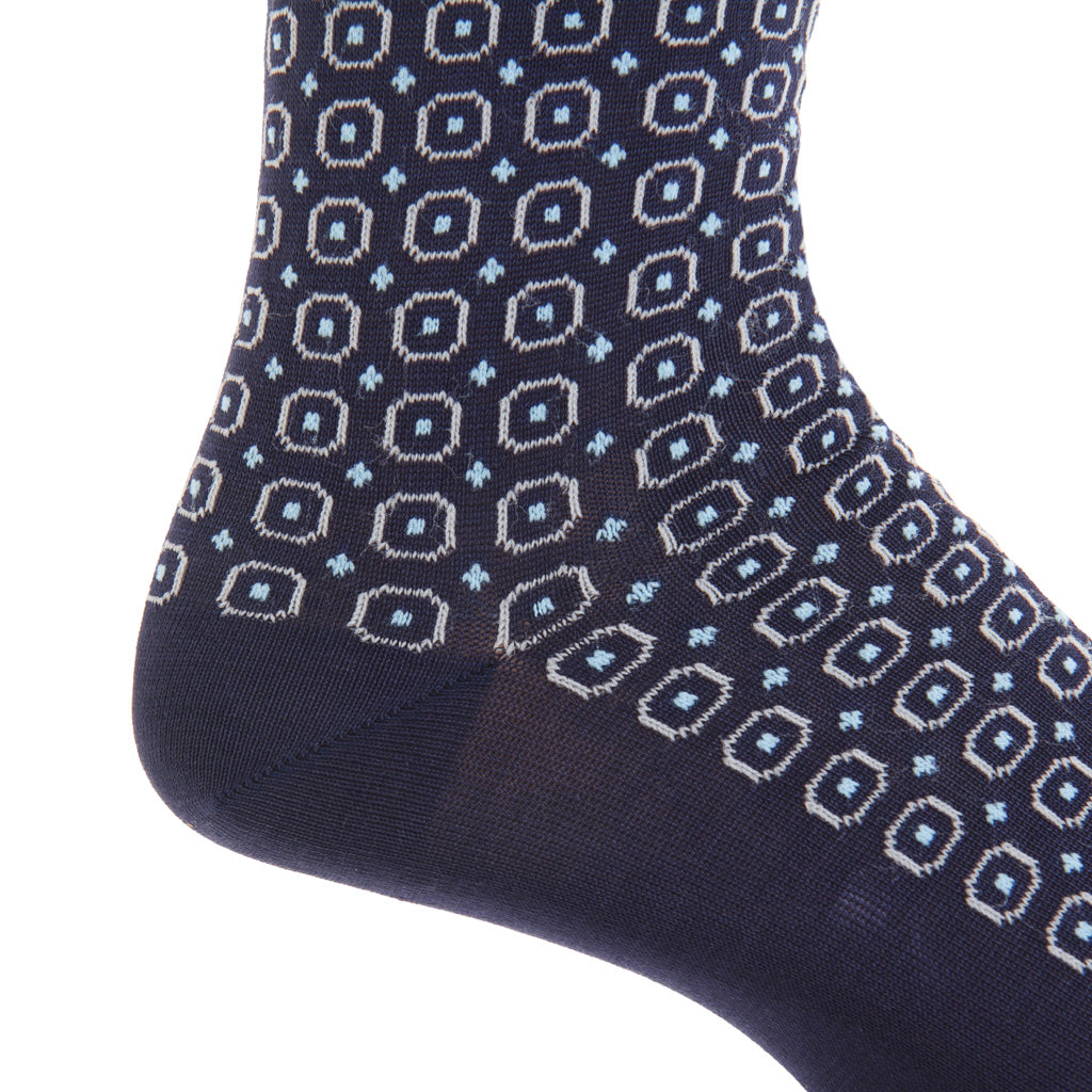 Classic Navy with Ash and Sky Blue Neats Cotton Over-the-Calf Sock