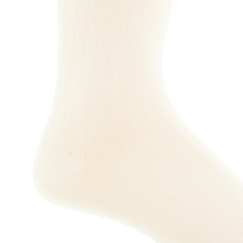 Cream Solid Ribbed Cotton Mid-Calf Sock