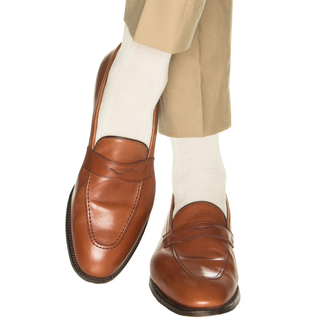 Cream Solid Ribbed Cotton Mid-Calf Sock