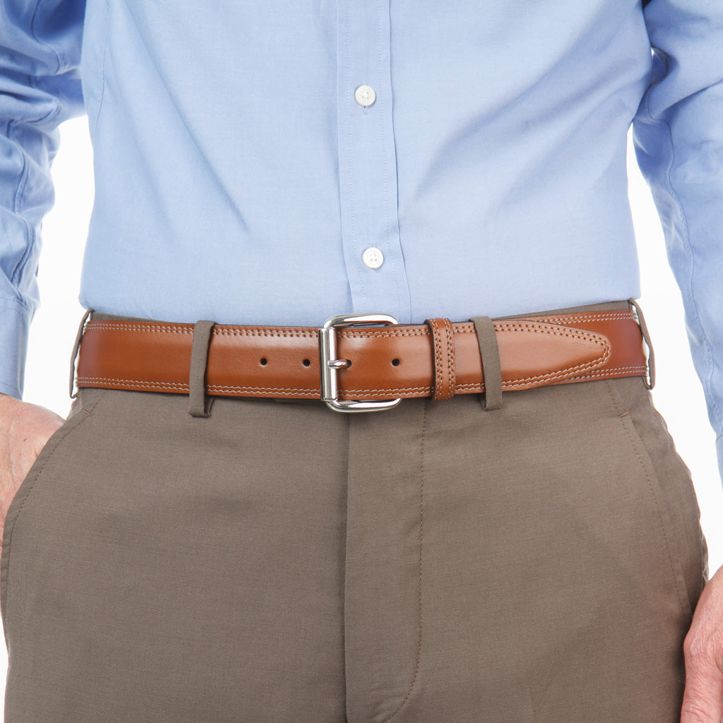 Cognac Italian Leather Belt With Nickel Roller Buckle