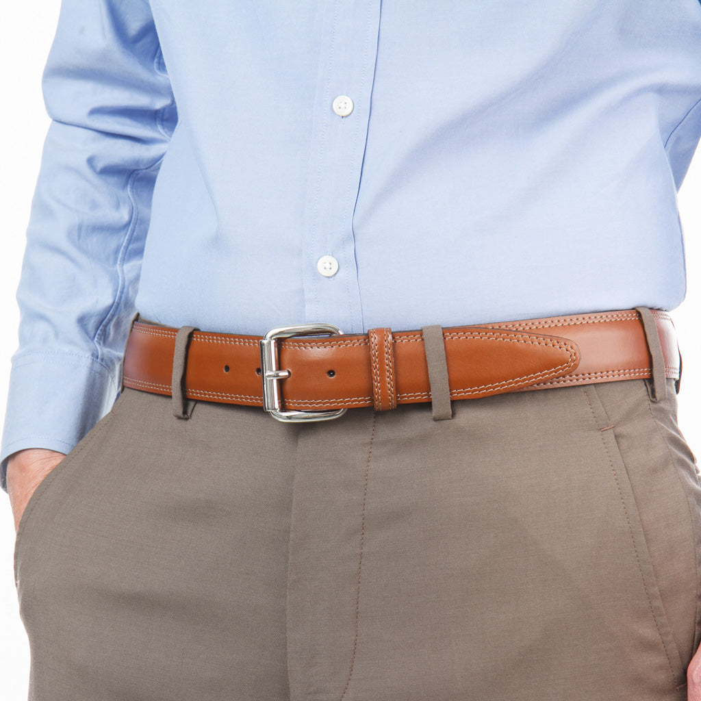 Cognac Italian Leather Belt With Nickel Roller Buckle 34