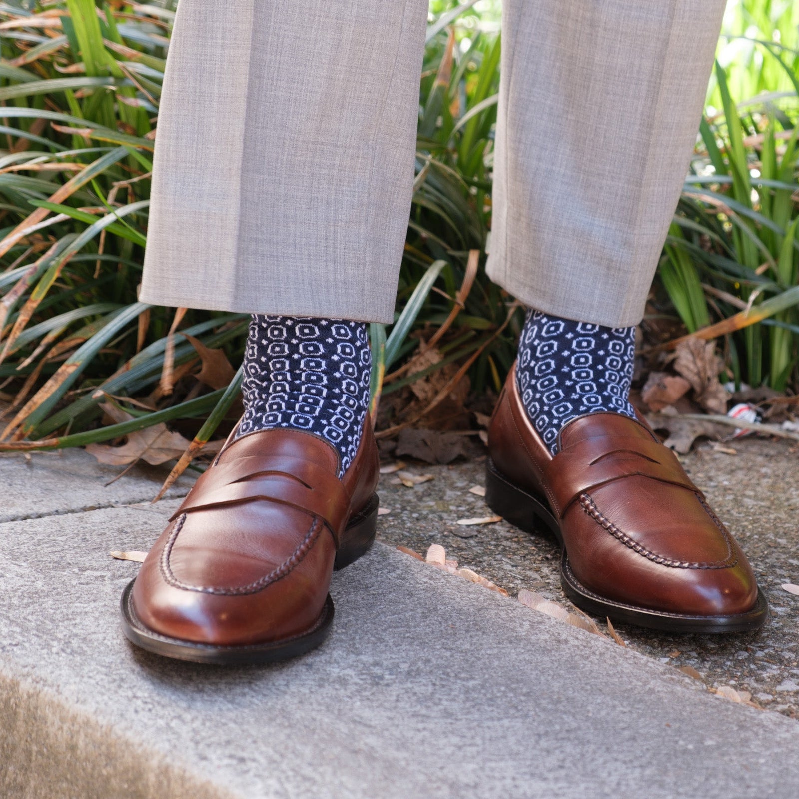 Dress Navy with White Neats Fine Merino Wool Mid-Calf Sock