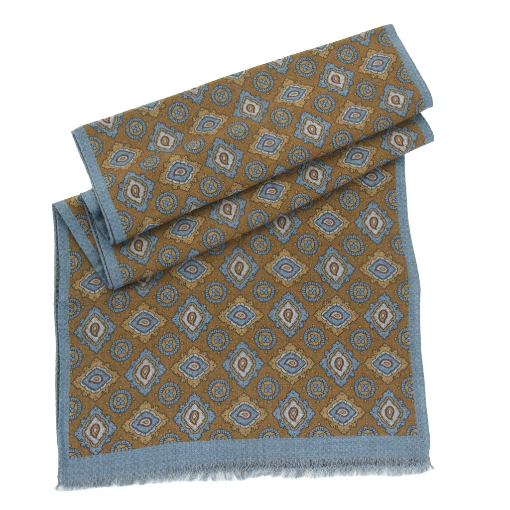 Moss Green &amp; Blue Earth Toned Medallion and Neat Double-Faced Scarf