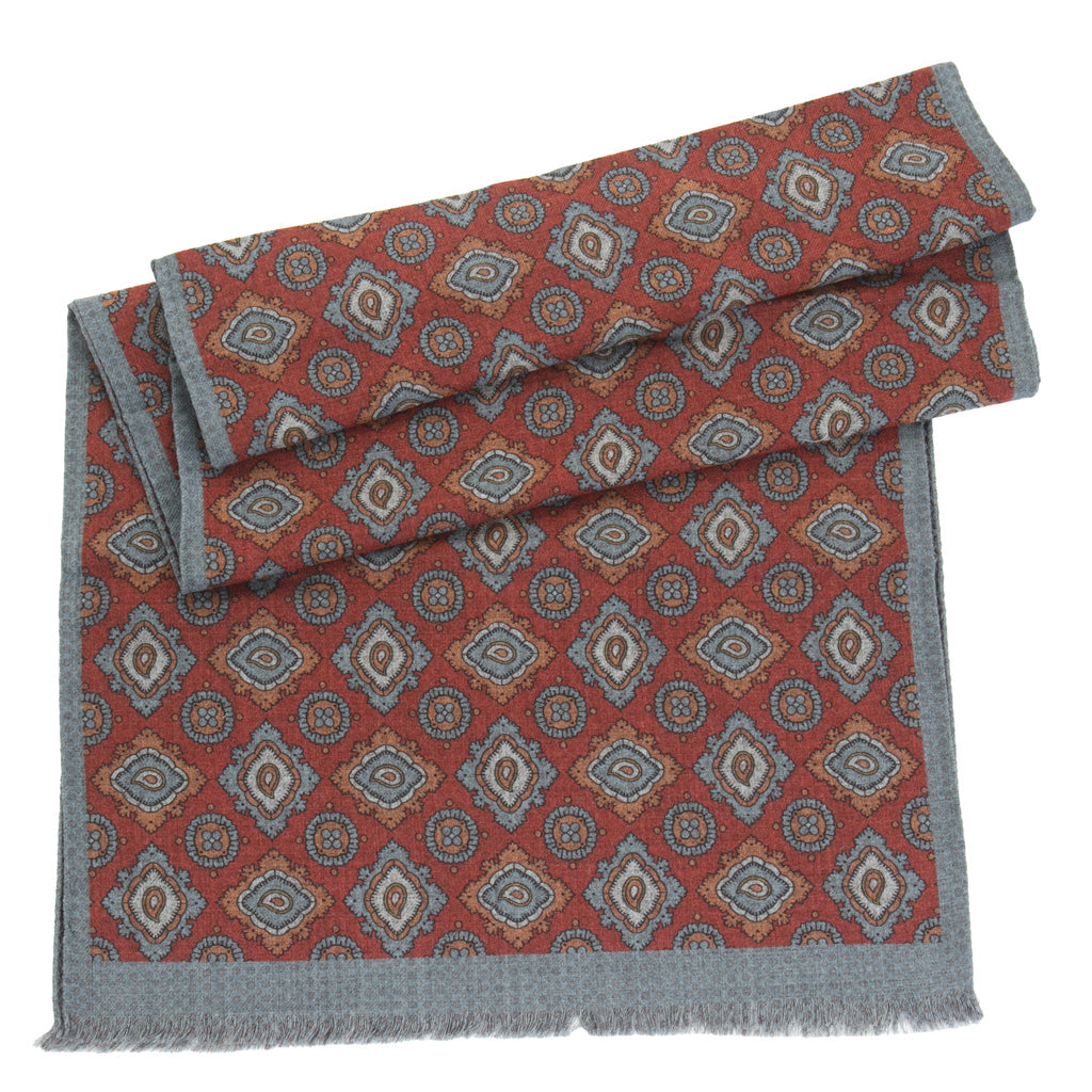 Merlot &amp; Blue Earth Toned Medallion and Neat Double-Faced Scarf