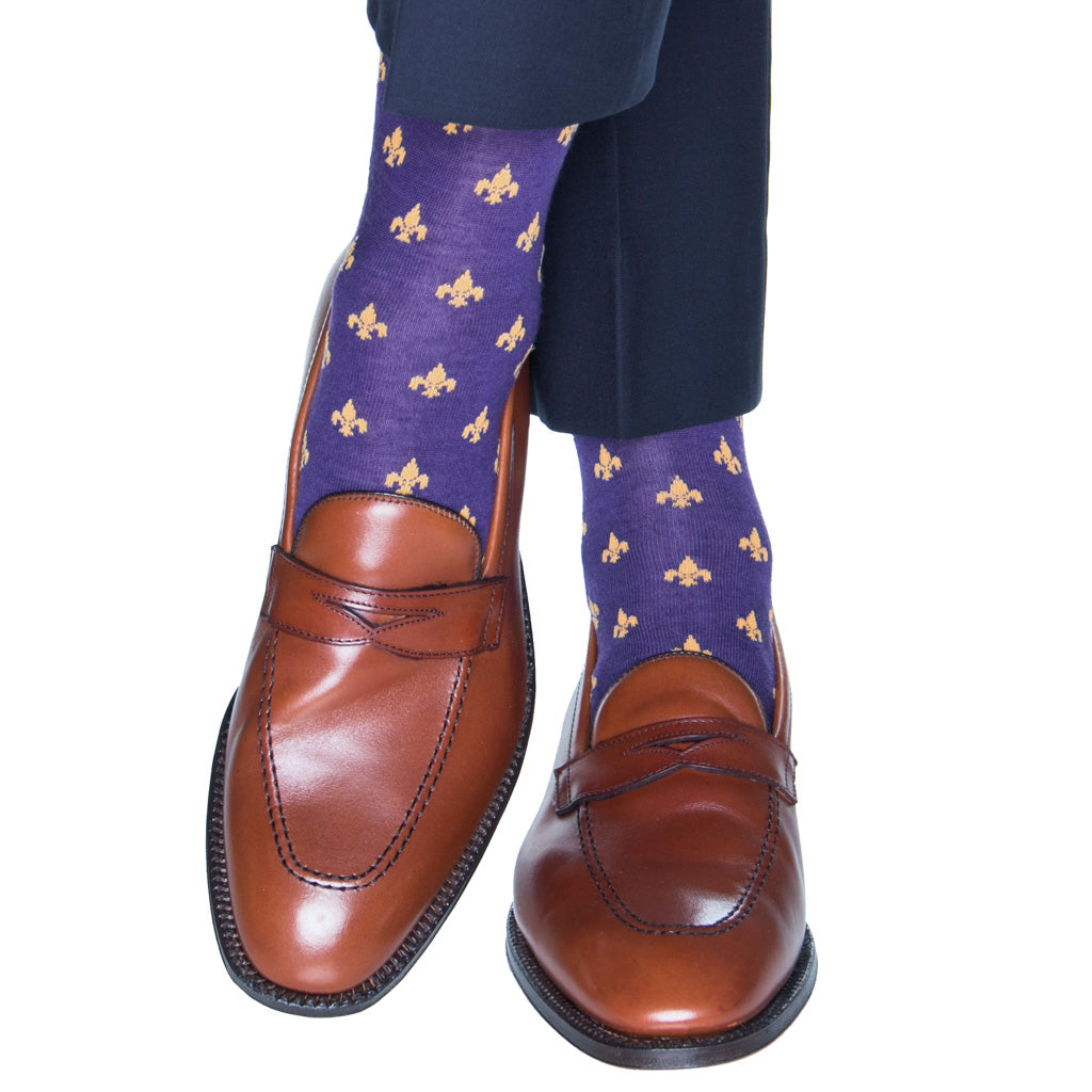 Purple with Yolk Fleur De Lis Fine Merino Wool Mid-Calf Sock