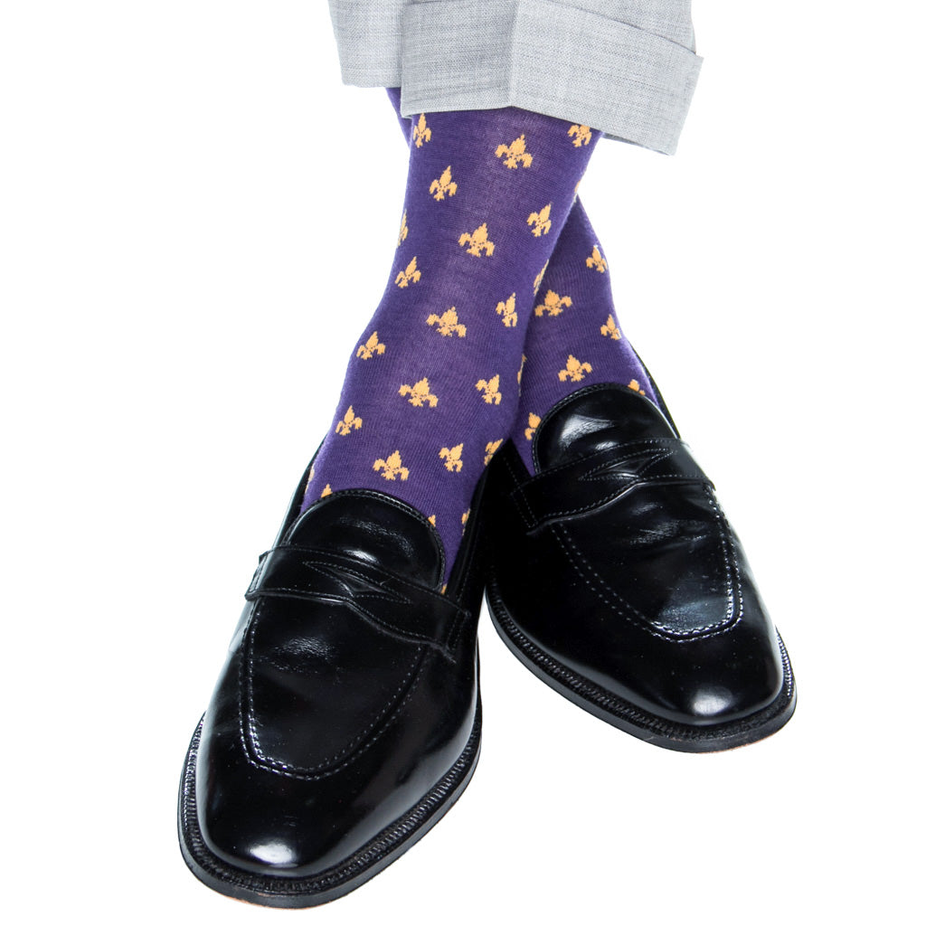 Purple with Yolk Fleur De Lis Fine Merino Wool Mid-Calf Sock