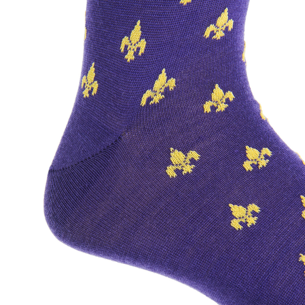 Purple with Yolk Fleur De Lis Fine Merino Wool Mid-Calf Sock