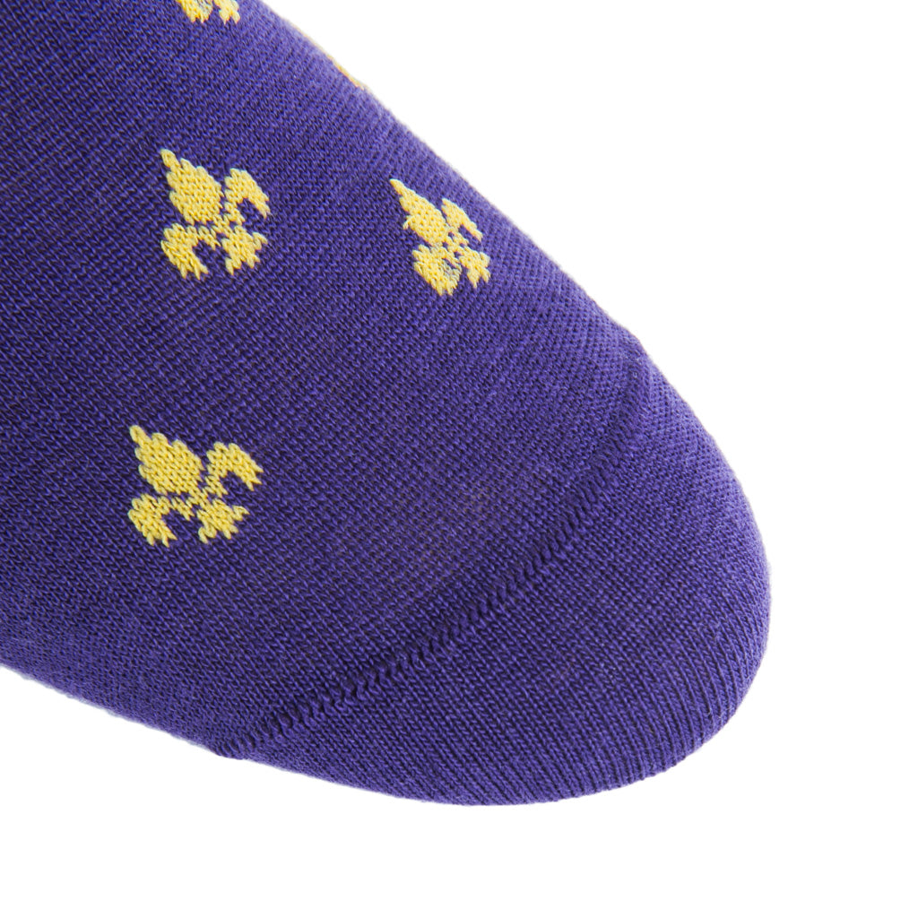 Purple with Yolk Fleur De Lis Fine Merino Wool Mid-Calf Sock