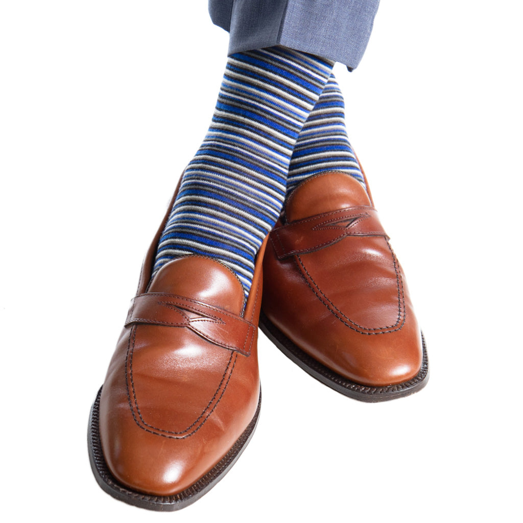 Cobalt Blue, Black, Charcoal, and White Variegated Stripe Fine Merino Wool Sock Linked Toe Mid-Calf Cobalt Blue, Black, Charcoal, and White Variegated Stripe Fine Merino Wool Sock Linked Toe Mid-Calf