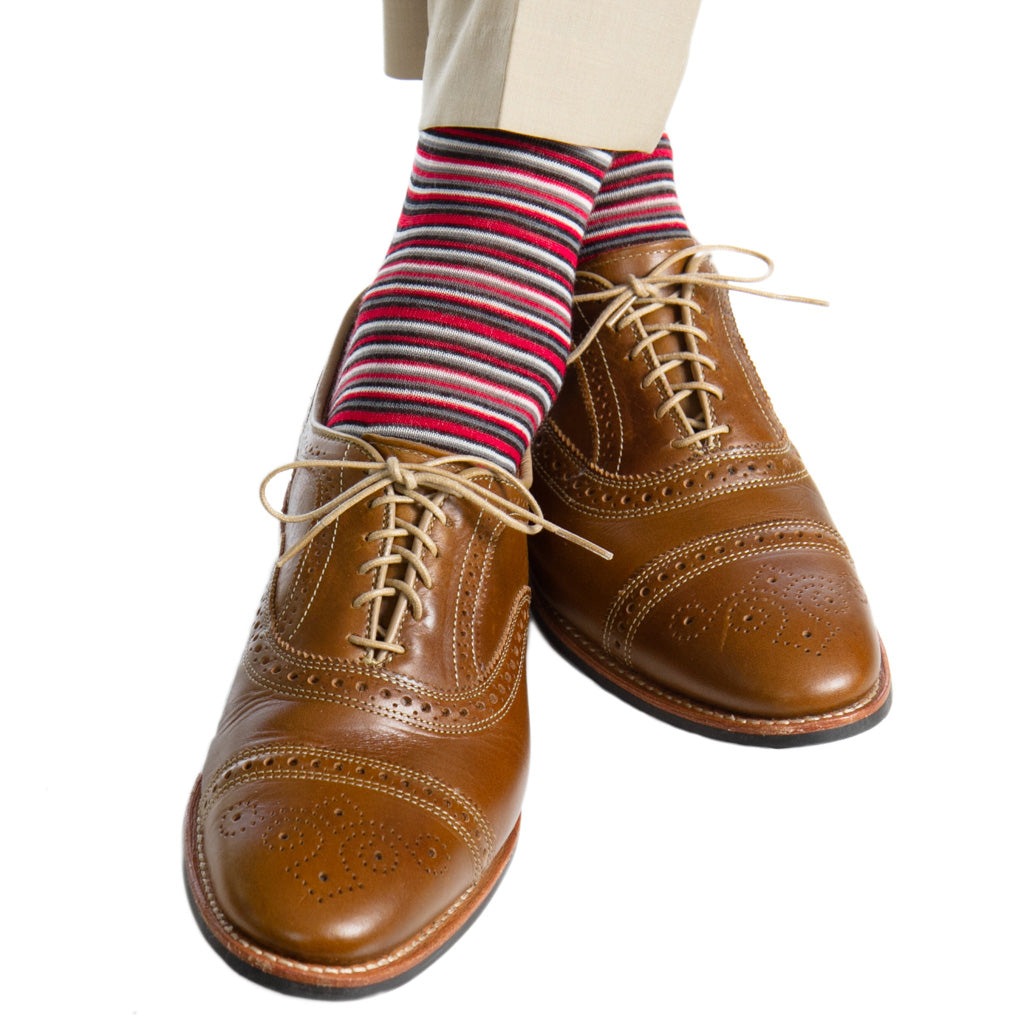Red, Black, White, and Charcoal Variegated Stripe Fine Merino Wool Sock Linked Toe Mid-Calf Red, Black, White, and Charcoal Variegated Stripe Fine Merino Wool Sock Linked Toe Mid-Calf