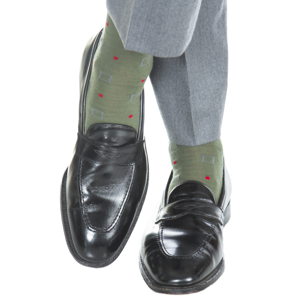 Made-In-USA-Pine Green with Mercury Grey Squares and Red Dots Wool Sock Linked Toe OTC