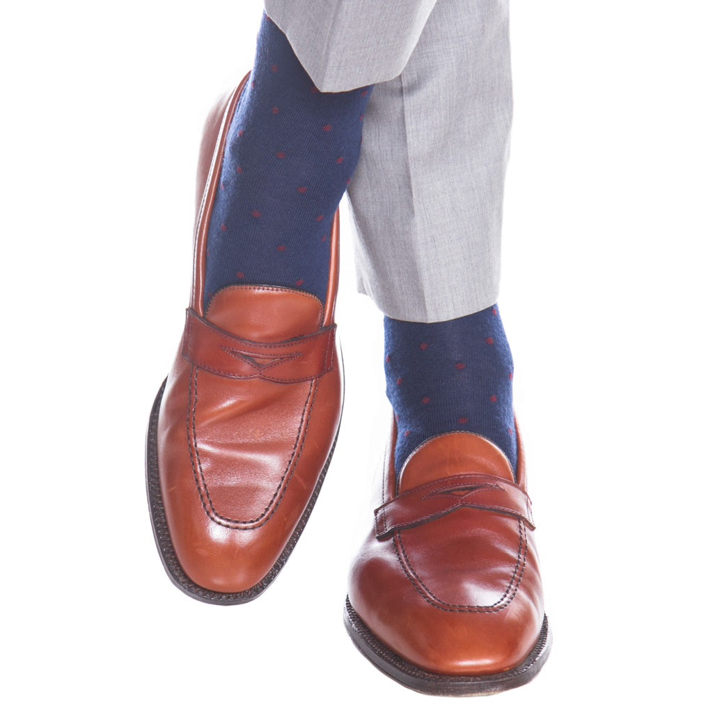 Dress Navy with Burgundy Dot Fine Merino Wool Sock Linked Toe OTC Dress Navy with Burgundy Dot Fine Merino Wool Sock Linked Toe OTC