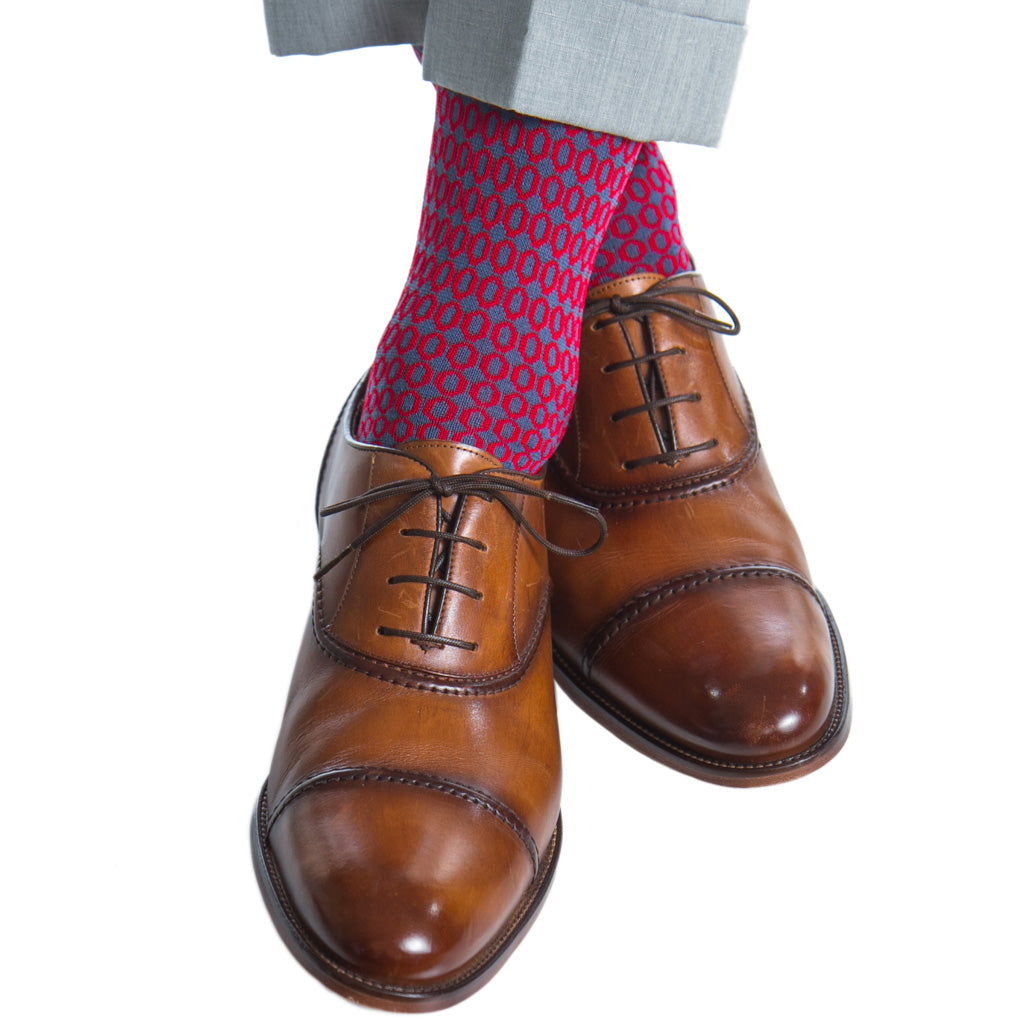Indigo Blue with Red Ovals Cotton Over-the-Calf Sock 5-9