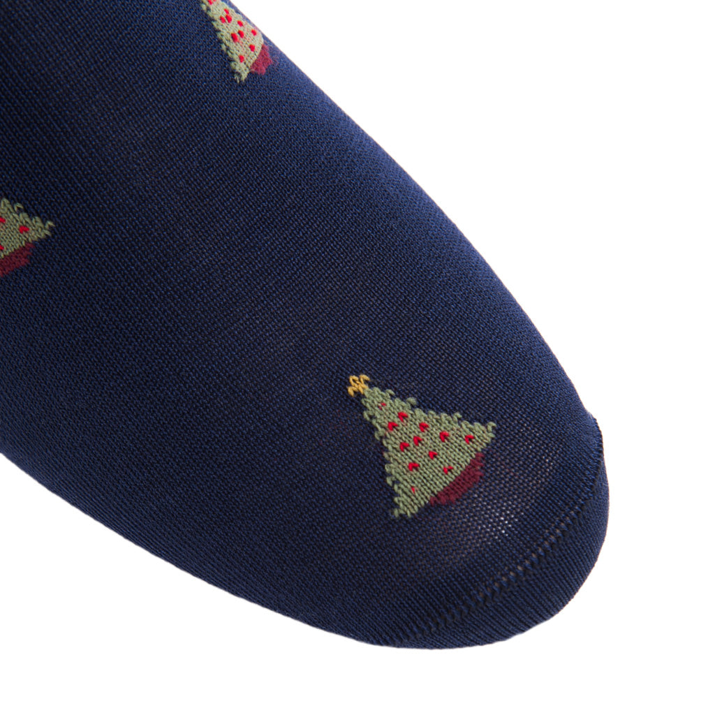Classic Navy with Grass Green and Red Christmas Tree Cotton Over-the-Calf Sock