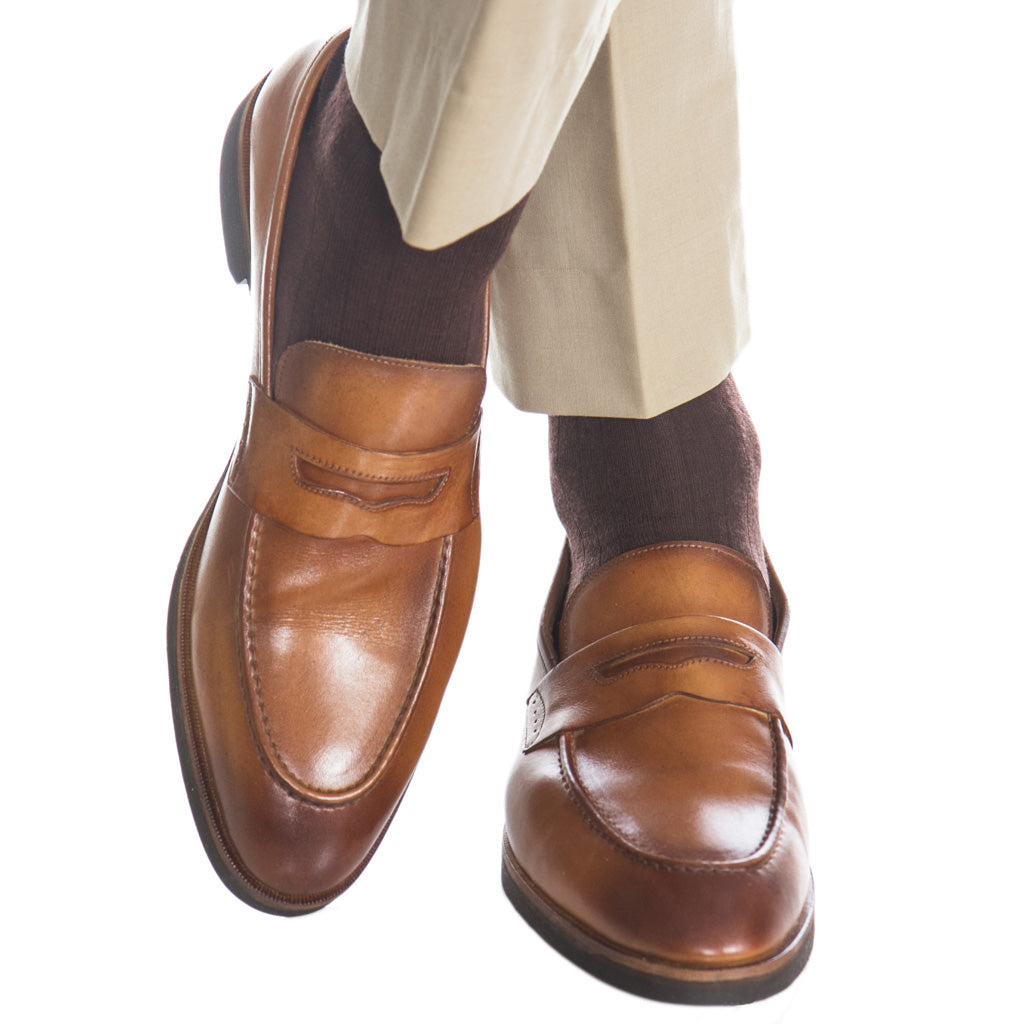 Coffee Brown Solid Ribbed Fine Merino Wool Over-the-Calf Sock