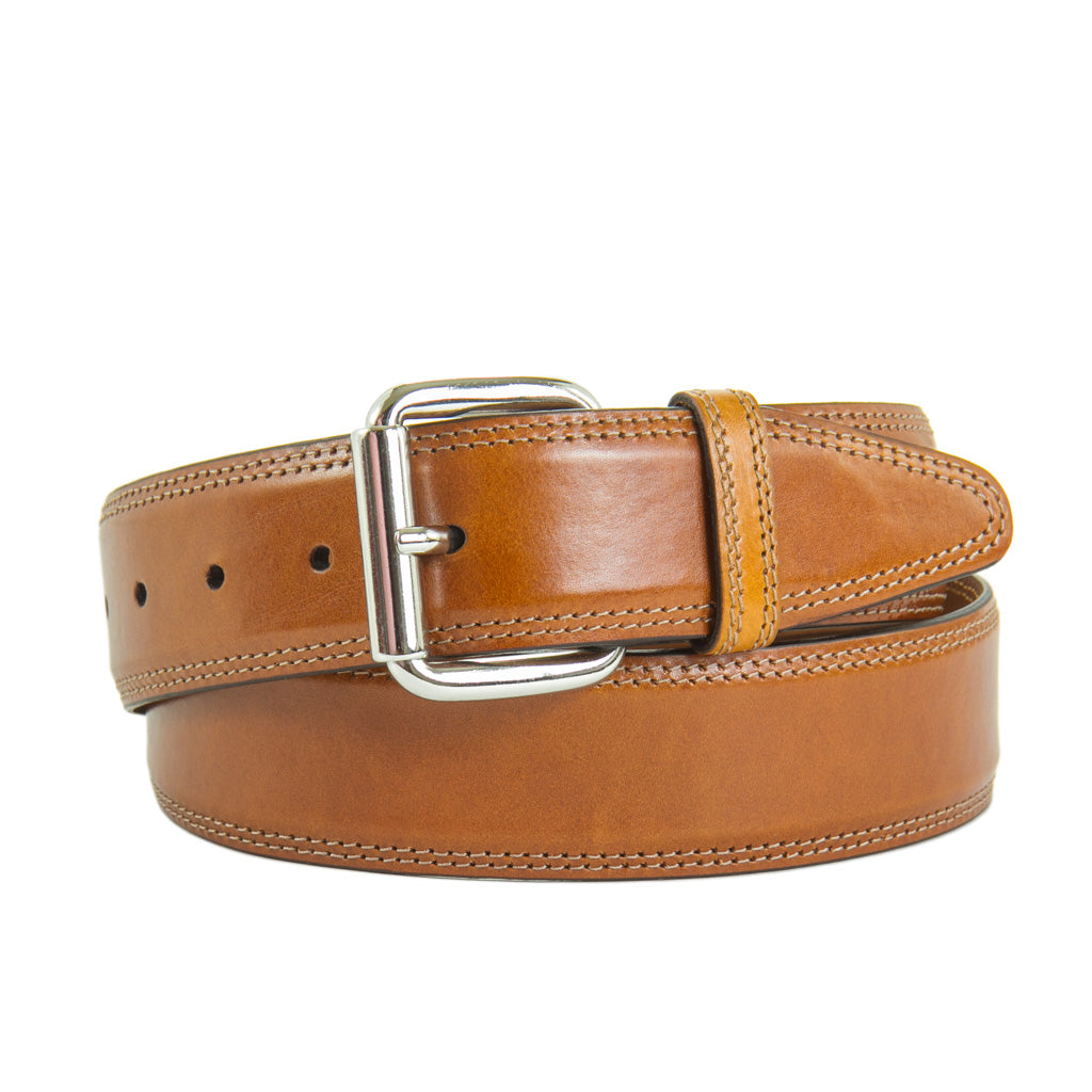 Cognac Italian Leather Belt With Nickel Roller Buckle Dapper