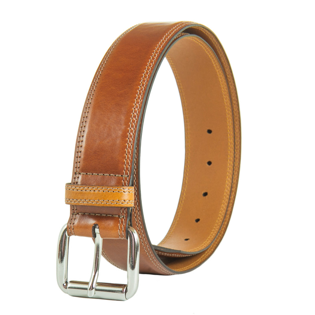 Cognac Italian Leather Belt With Nickel Roller Buckle