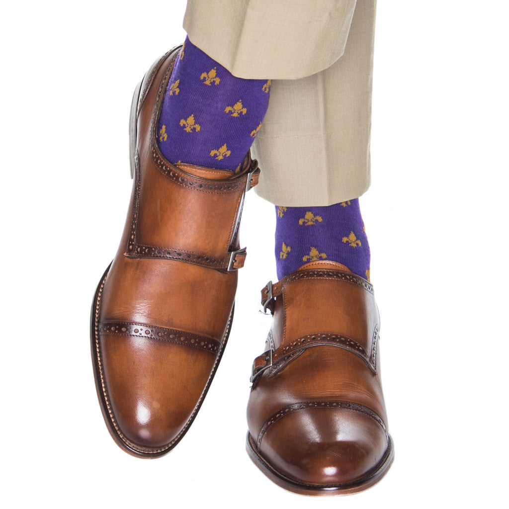 Purple and Gold Fleur de Lis Fine Merino Wool Sock Linked Toe Mid-Calf Purple and Gold Fleur de Lis Fine Merino Wool Sock Linked Toe Mid-Calf