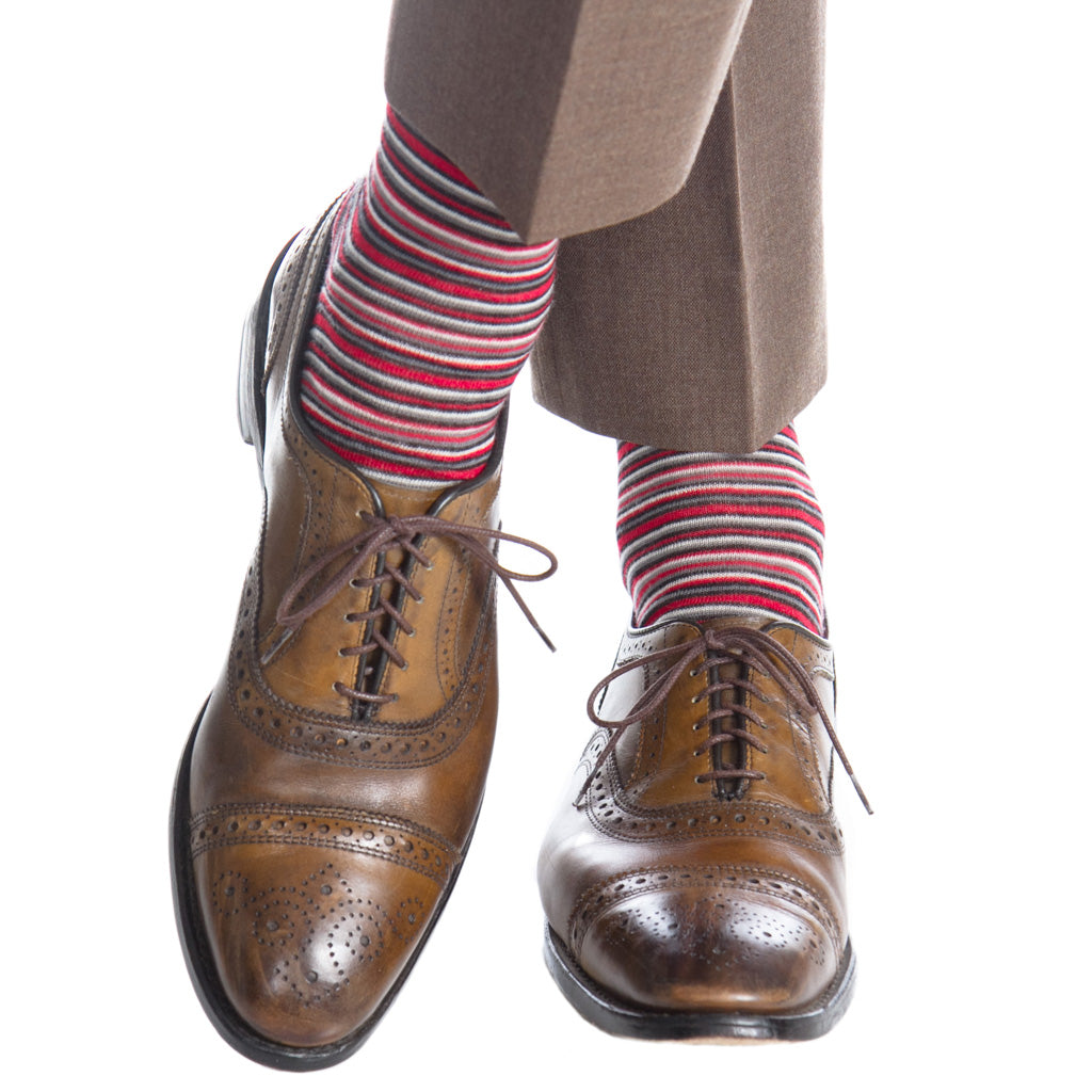 Red, Black, White, and Charcoal Variegated Stripe Fine Merino Wool Sock Linked Toe Mid-Calf Red, Black, White, and Charcoal Variegated Stripe Fine Merino Wool Sock Linked Toe Mid-Calf