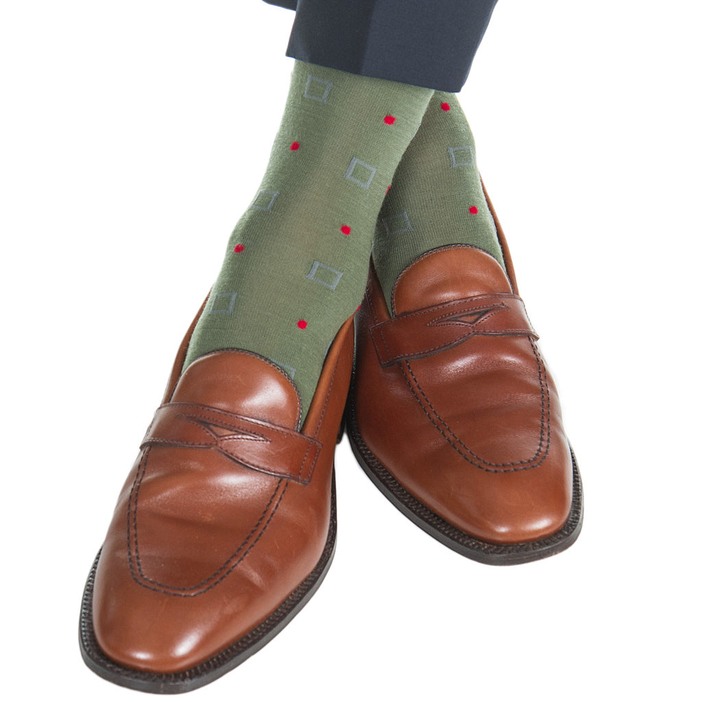 Made-In-USA-Pine Green with Mercury Grey Squares and Red Dots Wool Sock Linked Toe OTC