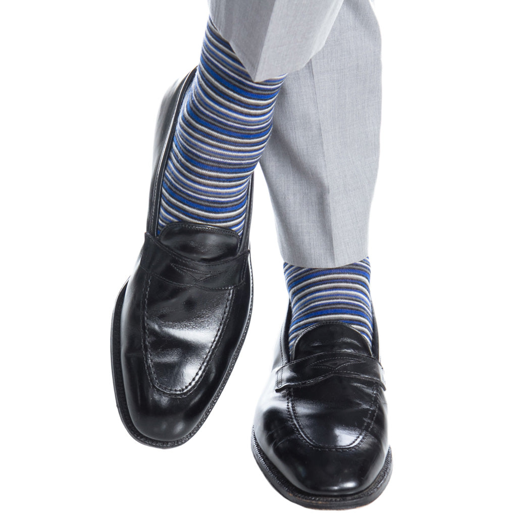 Cobalt Blue, Black, Charcoal, and White Variegated Stripe Fine Merino Wool Over-the-Calf Sock