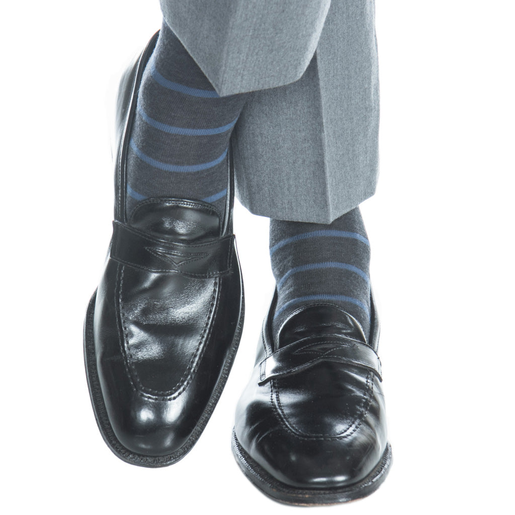 Charcoal with Bay Blue Stripe Fine Merino Wool Sock Linked Toe OTC Charcoal with Bay Blue Stripe Fine Merino Wool Sock Linked Toe OTC