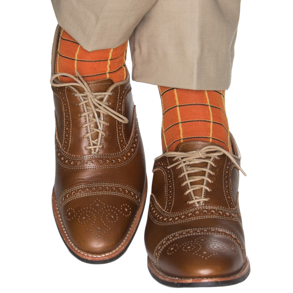 Burnt Orange with Yolk and Black Window Pane Fine Merino Wool Sock Linked Toe OTC Burnt Orange with Yolk and Black Window Pane Fine Merino Wool Sock Linked Toe OTC