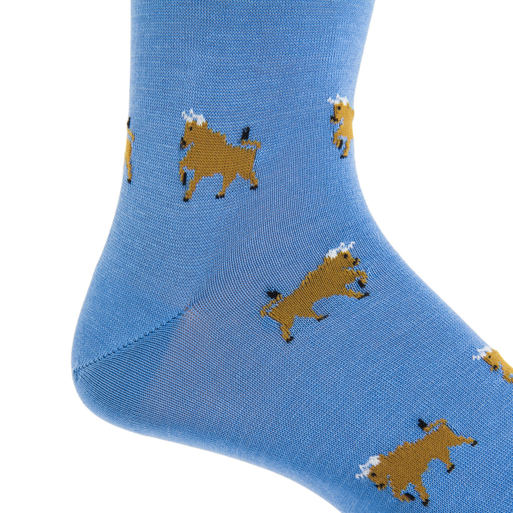 Azure Blue with Gold Cream and Brown Bull Cotton Sock Linked Toe Mid Calf
