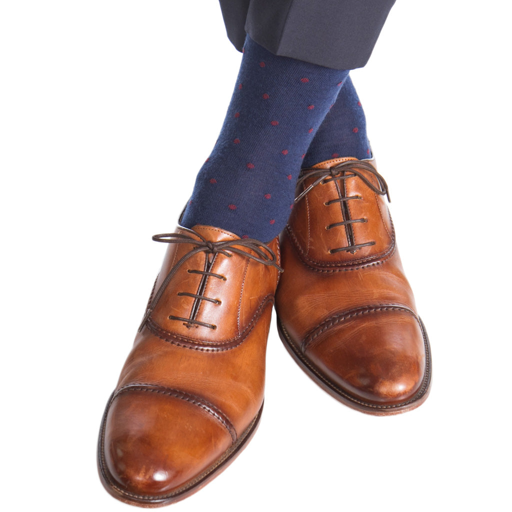 Dress Navy with Burgundy Dot Fine Merino Wool Sock Linked Toe OTC Dress Navy with Burgundy Dot Fine Merino Wool Sock Linked Toe OTC